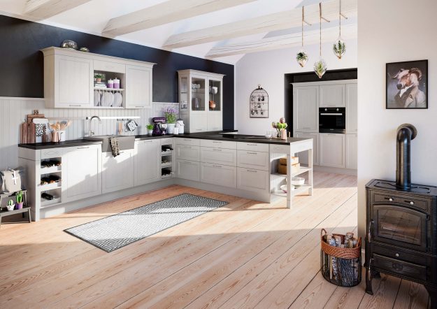 Küche im Landhausstil von Häcker Küchen mit weißen Paneelfronten erhältlich bei KÜCHE kreativ