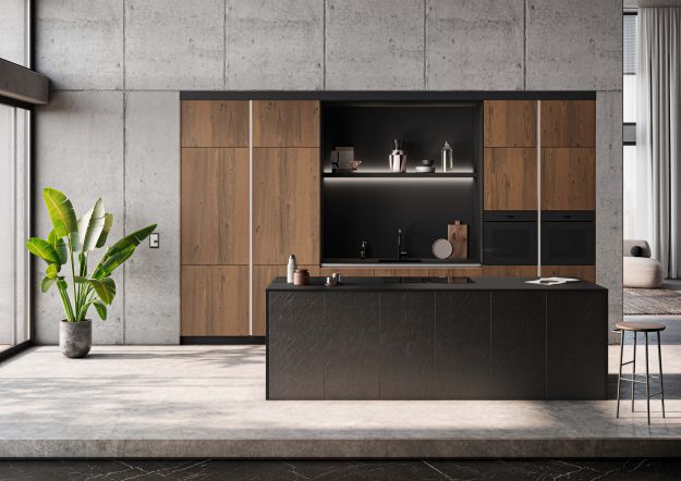 Designküche von Häcker Küchen mit schwarzer Kochinsel und Einbauschrank in Holzoptik erhältlich bei KÜCHE kreativ